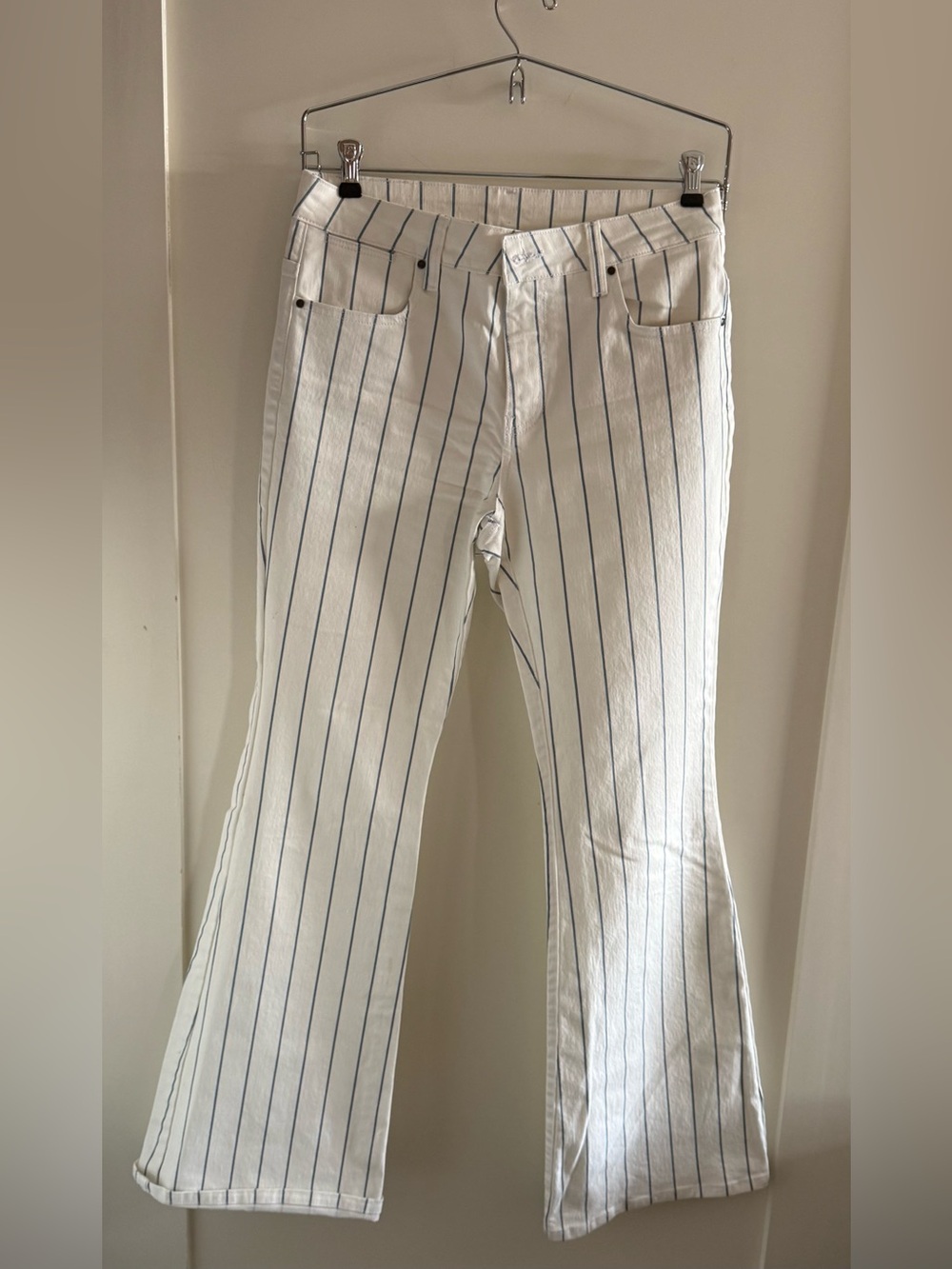 White Pinstripe Boot Cut Jeans for Women